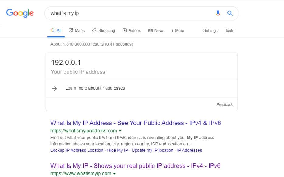 What is my IP - Google featured snippet