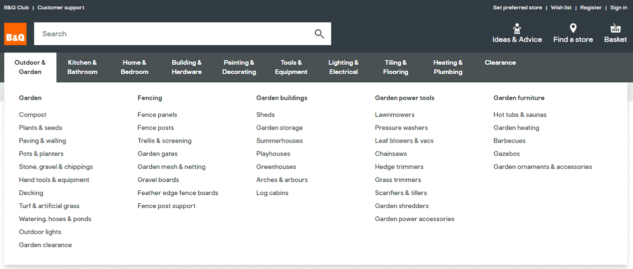  B&Q mega menu system,