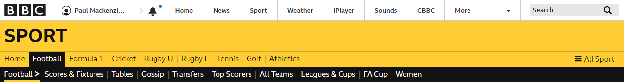 BBC Sport menu system.