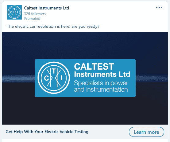 LinkedIn paid ad for Caltest Instruments' EV testing campaign.