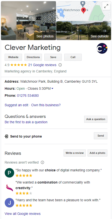 Clever Marketing's Surrey agency as a Google Business Profile.