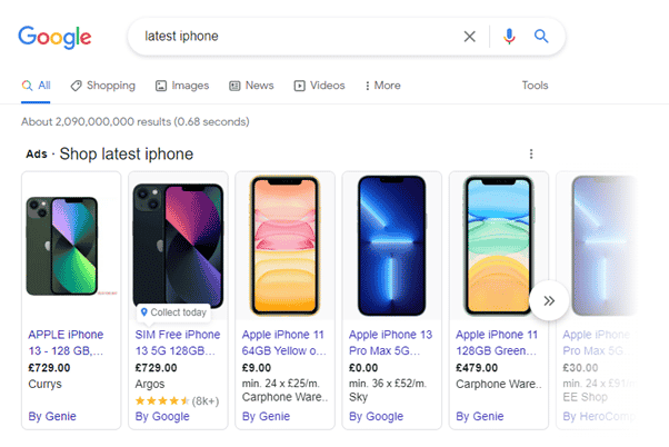 Latest iPhone, Google Shopping listings.