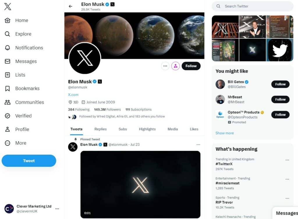 Elon Musk's Twitter profile page is now all branded X